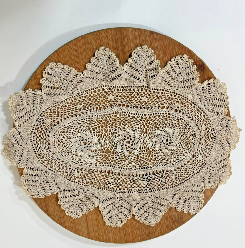 Vintage Off White Crochet Doily Oval Lace Handmade Retro 11 x 17"